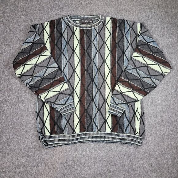 Vintage Protege Coogi Style 3D Knit Textured Sweater XL Brown Green Cosby Biggie - Picture 1 of 9
